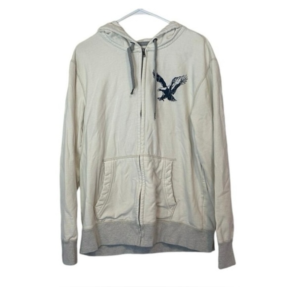 American Eagle Men’s Zip Up Hoodie Size XL Ivory/Gray/ Blue Logo Preppy - Picture 1 of 12